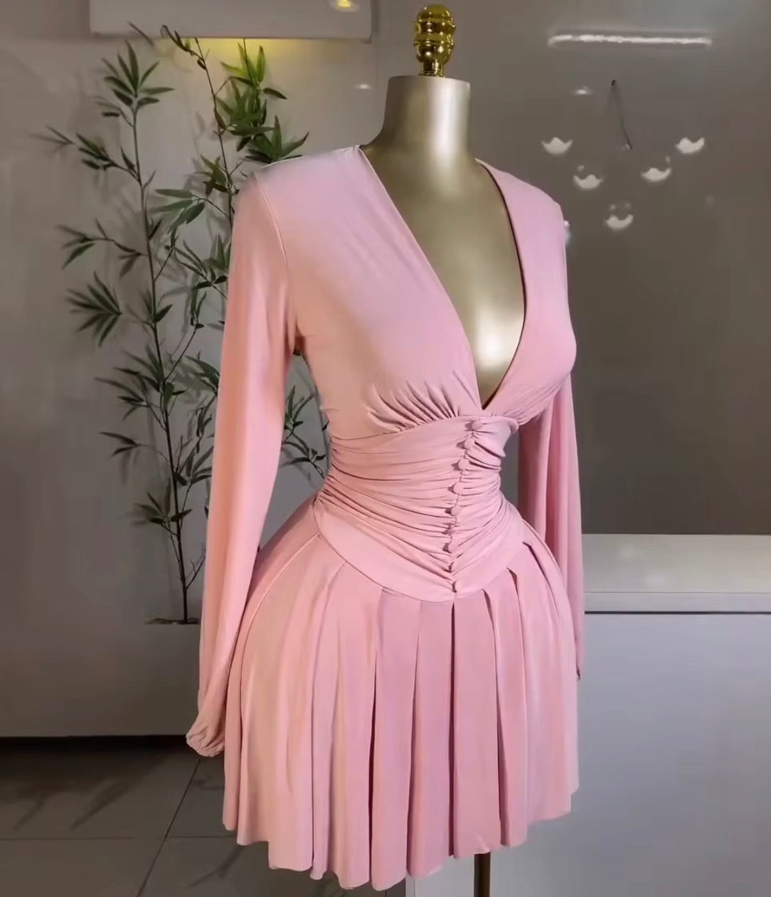 Women's Long-Sleeved Dress with Pleated V-Neck