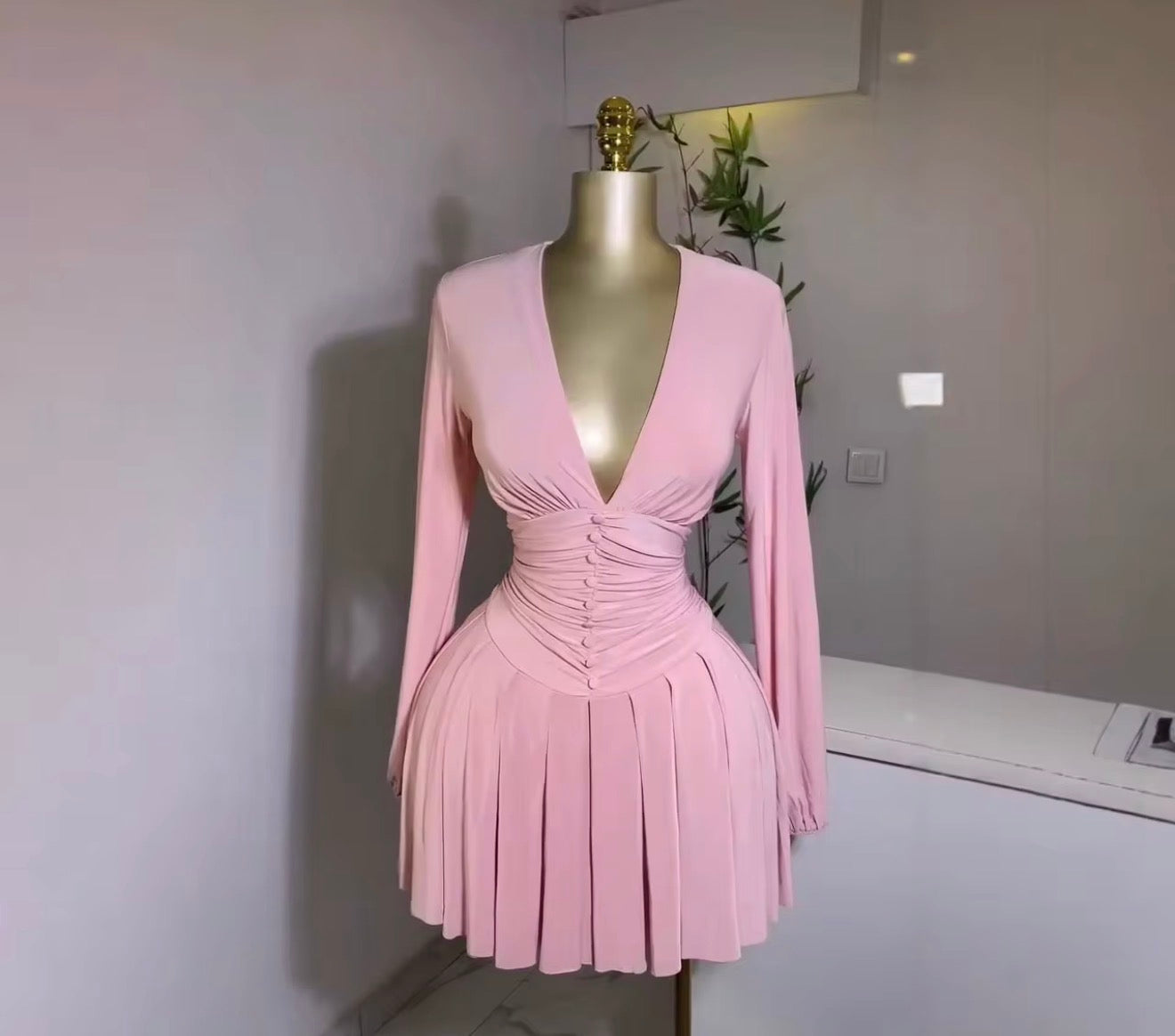 Women's Long-Sleeved Dress with Pleated V-Neck