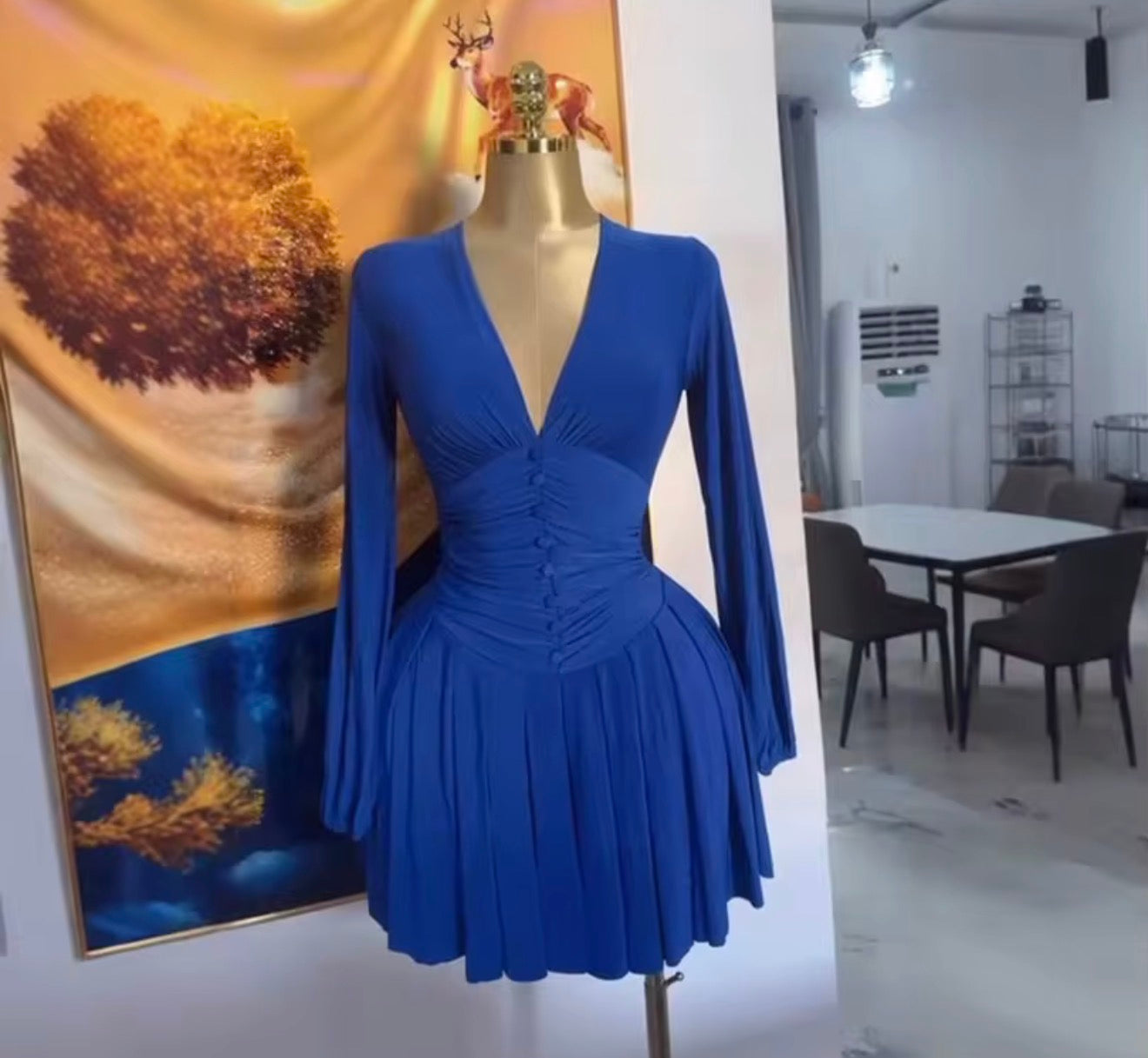 Women's Long-Sleeved Dress with Pleated V-Neck